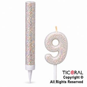 SET BENGALA Y VELA NUMERAL NUMERO 9 CON GIBRE BLANCO